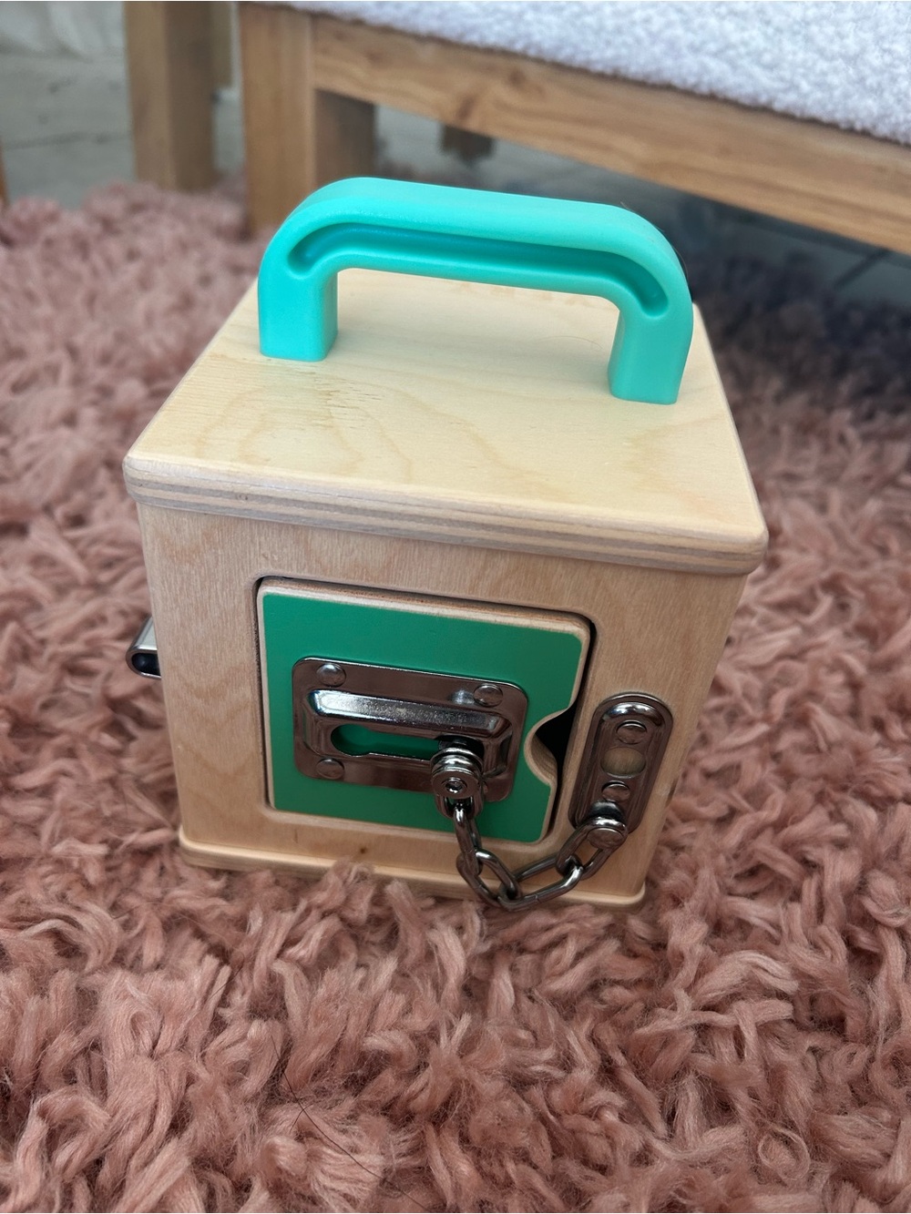 Lovevery Wooden Lock Box with Teal Handle and Orange Door - - Picture 4 of 5